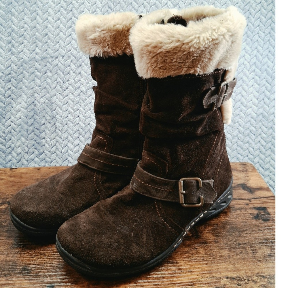 Earth Spirit Brigitte Brown Suede Faux Fur Trim Mid Calf Boots Womens 10 2575084